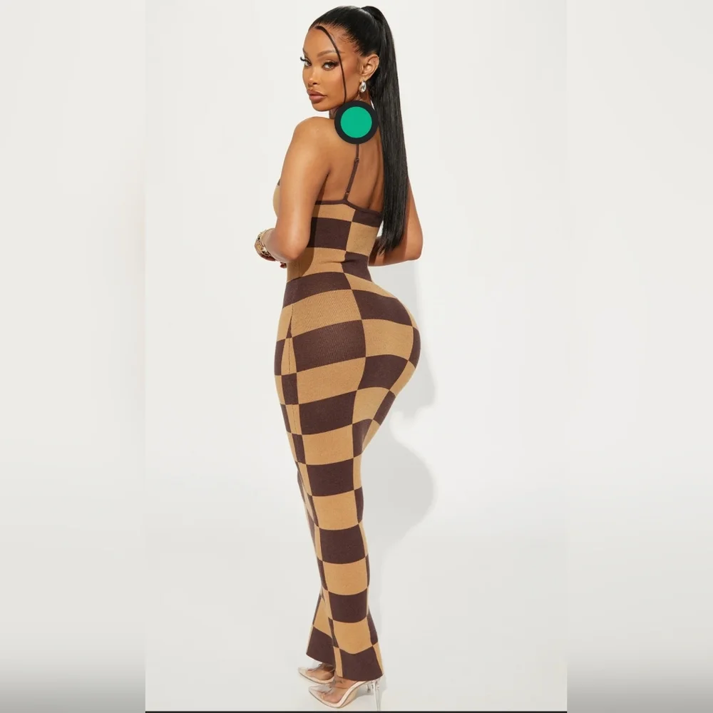 Fashion Nova Brown & Tan Checkerboard Knit Maxi Dress - Picture 2 of 4